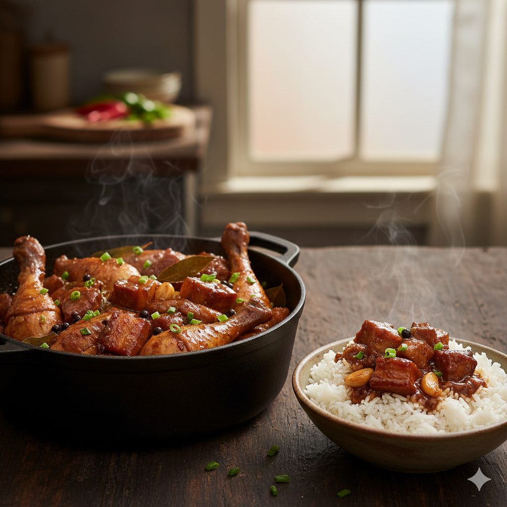 A pot of Filipino Chicken Adobo served with rice.
